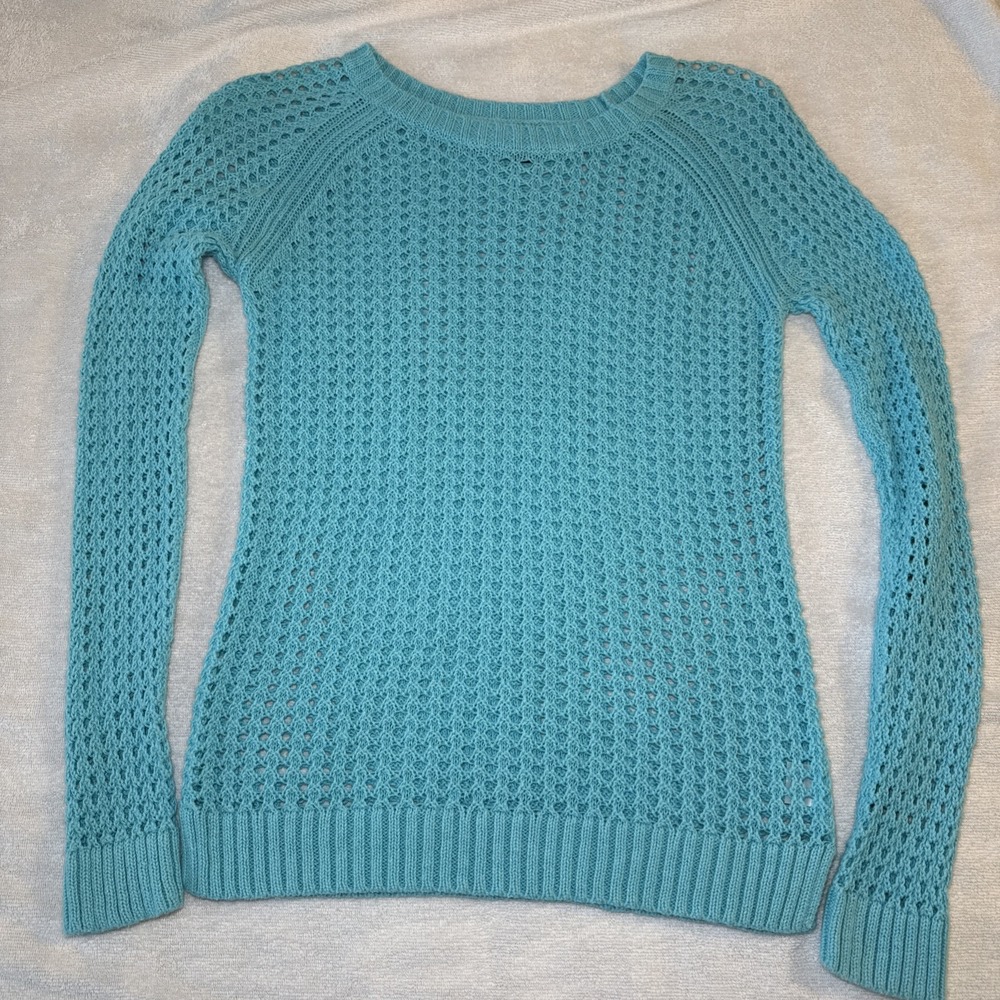 a.n.a Open Knit Sweater S Turquoise Blue Crochet Crewneck Boho Coastal Beach Top